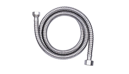 A flexible metallic hose with threaded connectors on both ends, coiled in a circular shape.