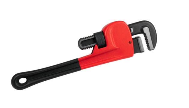 A heavy-duty pipe wrench with a long black handle and an adjustable red jaw designed for gripping and turning pipes.