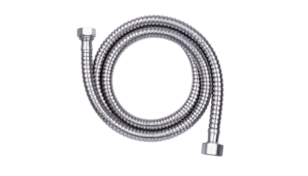 A flexible metallic hose with threaded connectors on both ends, coiled in a circular shape.