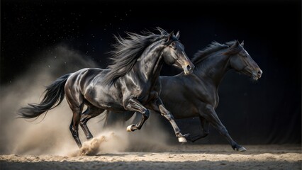 Fototapeta premium Black stallions with flowing manes running against a dark background