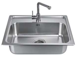 A sleek, modern stainless steel kitchen sink with a single-lever faucet and a built-in drain, designed for practical and efficient use.