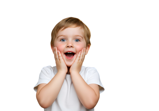 A child with hands on cheeks, expressing surprise, isolated 