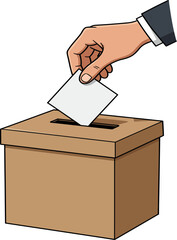A hand, wearing a suit sleeve, is placing a ballot into a voting box.