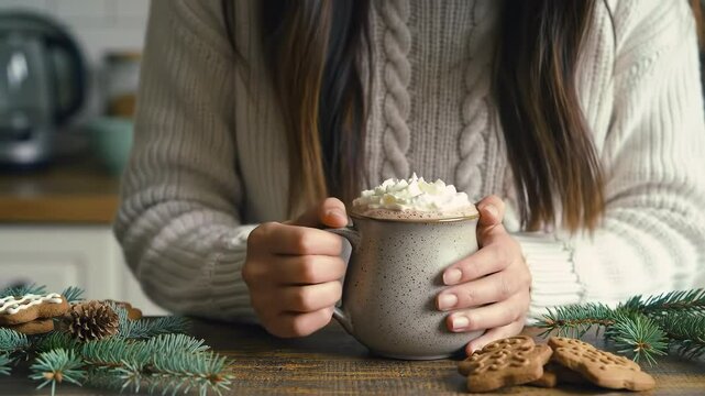 Woman in knit sweater holding a mug of whipped cream hot chocolate. Christmas winter holiday coziness and comfort concept footage. - Powered by Adobe