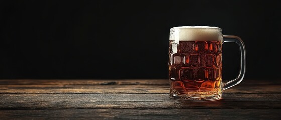 beer mug on the old wood table in a pub, black background, copy space