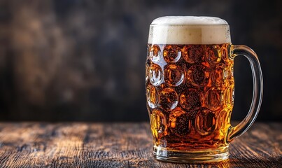 beer mug on the old wood table in a pub, black background, copy space