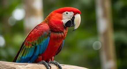 Obraz premium Scarlet Macaw Portrait: A stunning scarlet macaw, showcasing a vibrant plumage of red, blue, and yellow, perches gracefully, captivating the viewer with its regal presence and striking beauty.