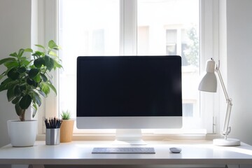 Minimalist desk setup with task lighting and plants home office photography bright environment modern viewpoint productivity concept