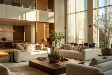 Fototapeta premium Elegant living room design with soft ambient lighting modern home interior photography cozy atmosphere warm tones serene and inviting space