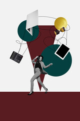 Banner 3d image pop vertical collage of happy businesswoman businessman stand tablet laptop coin dollar hourglass calculator