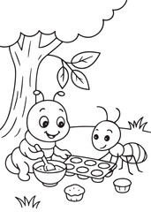 Coloring book caterpillar is happily stirring batter in a bowl, while a friendly ant holds a muffin tin with cupcakes