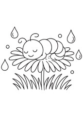 Coloring book sleeping caterpillar with closed eyes lies peacefully on a large flower with petals