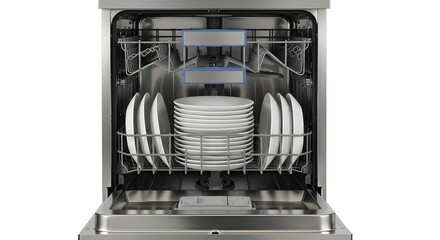 Stainless Steel Dishwasher Filled with Clean Dishes, Efficient Kitchen Appliance for Modern Homes, Isolated on White Background