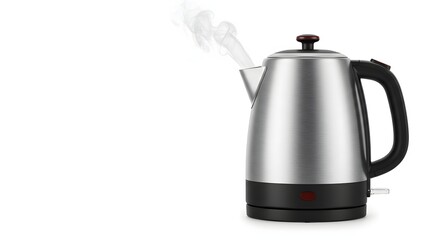 Silver Electric Kettle Steaming Isolated on White Background Hot Water Preparation Appliance Device for Tea Coffee Kitchen Convenience
