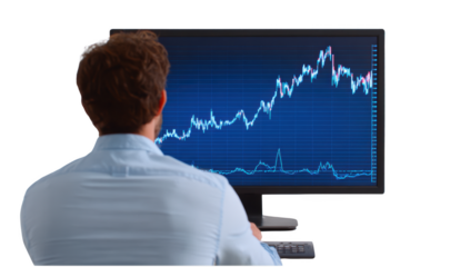 Man with chart on screen transparent mockup isolated png with no background.
