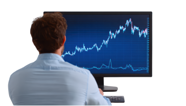 Man with chart on screen transparent mockup isolated png with no background.