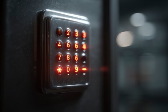 Closeup of a digital keypad featuring illuminated red numbers on a dark textured surface