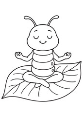 Coloring book caterpillar with closed eyes, is sitting cross-legged in a meditative pose on a large leaf,