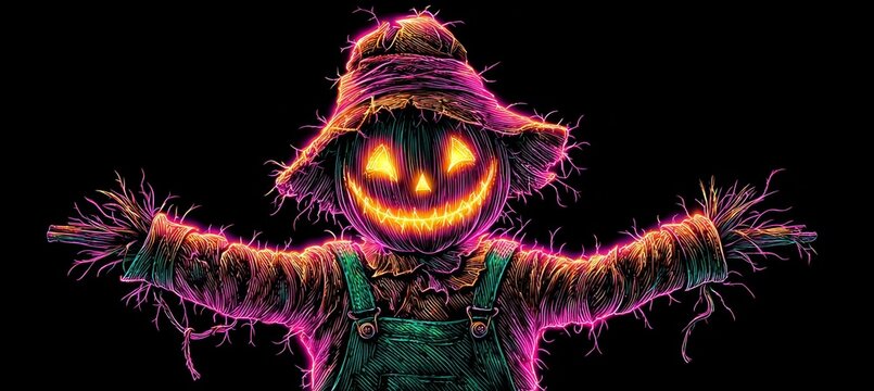 Eerie illuminated scarecrow with pumpkin head, haunting Halloween night, shadows dance mysteriously.