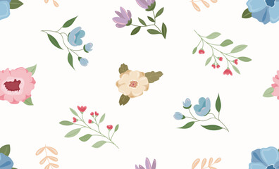 Obraz premium Vector seamless floral pattern with pastel flowers, branches and leaves on light background. Perfect for textile, packaging, wallpapers, wedding decor, paper goods and surface design