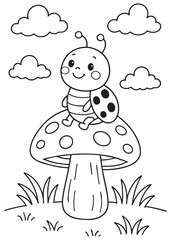 Coloring book ladybug with antennae and spots on its back sits happily on top of a large, spotted mushroom
