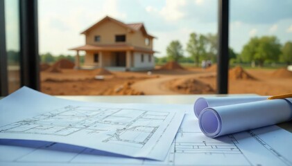 Architect blueprints on table, construction site in background; planning a new building project, home development, contractor collaboration , floor plan, property, sketch