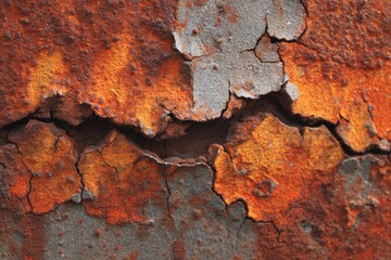 Closeup reveals cracked peeling layers of rust with varied orange and gray tones