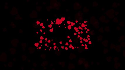 Red flying hearts pop burst. blast of heart collection. valentine's day sign of love. love explosion. red hearts flying on black background animation