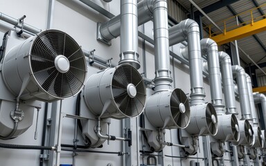 Industrial ventilation system with multiple large fans and ducts.