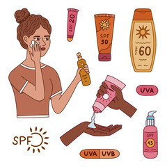 Cartoon doodle set with girl using sunscreen spray, different tubes and jars with SPF. Childish hand drawn vivid collection about defense from dangerous ultraviolet sun rays isolated on background.