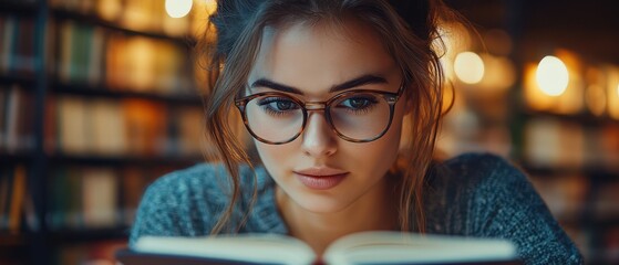 A close-up shot of a focused European female student in glasses, writing on a notebook while glancing at a tablet, deep in thought, warm indoor lighting