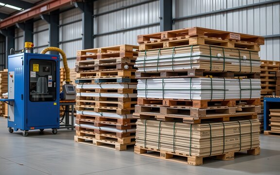 Storage area filled with stacked pallets and machinery in a warehouse setting.