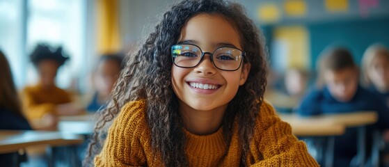 A happy young mixed-race school student in a wheelchair, engaging with a futuristic holographic touchscreen, in a bright modern classroom filled with diverse students. 