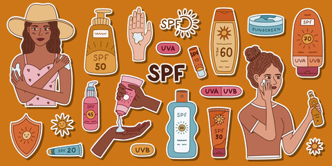Big colored doodle sticker sheet about sun protection for planners, notebooks, decoration. Ready for print list of hand drawn sticker list with protective cosmetic against ultraviolet rays.