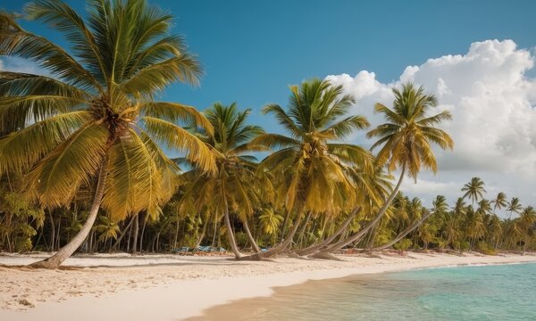 Idyllic tropical beach paradise with palm trees and turquoise ocean water
