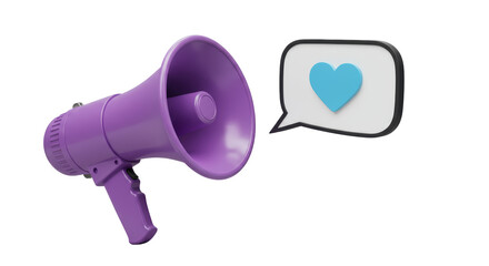 Isolated Purple Megaphone Announcing Love or Positive Feedback with Heart Speech Bubble