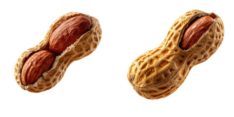 Peanut Duo: Two roasted peanuts in their shells, one slightly open to reveal the nuts inside, displayed against a clean backdrop.