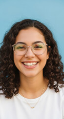 Obraz premium Smiling Brunette with Eyeglasses: A Cheerful Young Woman's Portrait on Light Blue. Authentic, Approachable, and Confident, embodying optimism and modern eyewear fashion.