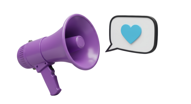 Isolated Purple Megaphone Announcing Love or Positive Feedback with Heart Speech Bubble