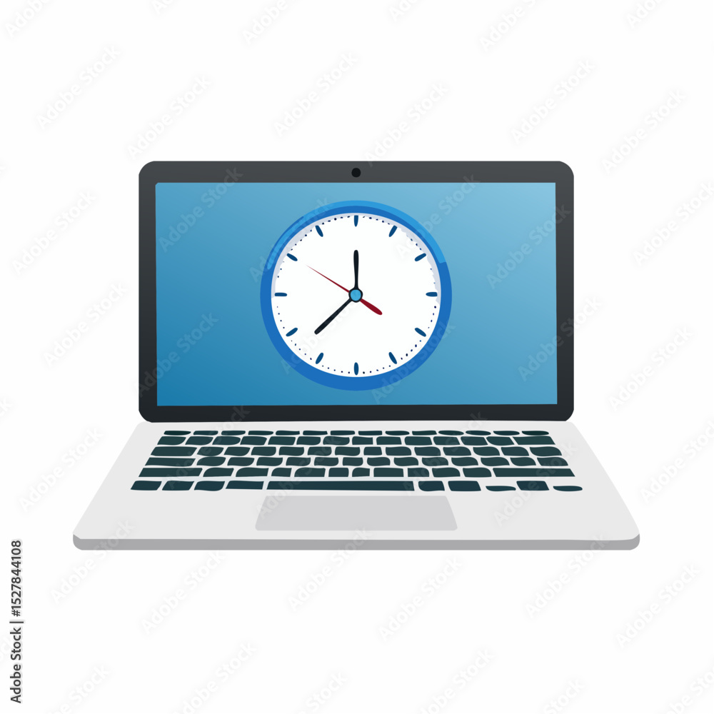 Fototapete illustration of a laptop computer displaying a clock on the screen in a flat design style