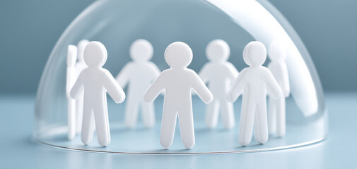 Trustworthy health insurance concept with white paper people figures protected under transparent dome symbolizing safety and care in medical coverage and support