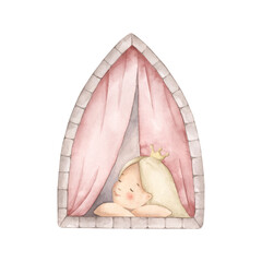 Pink dreams. Watercolor hand-drawn illustration with princess is dreaming on the castle window. Fairytale illustration for baby girl. For design baby shower, birthday, girls's parties and nursery.