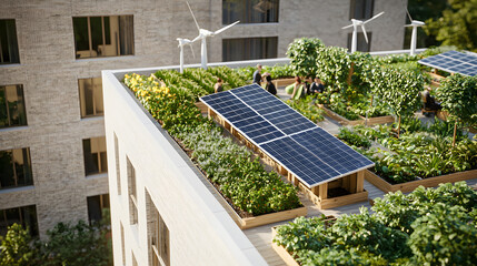 A rooftop garden with solar panels and wind turbines on a modern building, combining urban agriculture and renewable energy.