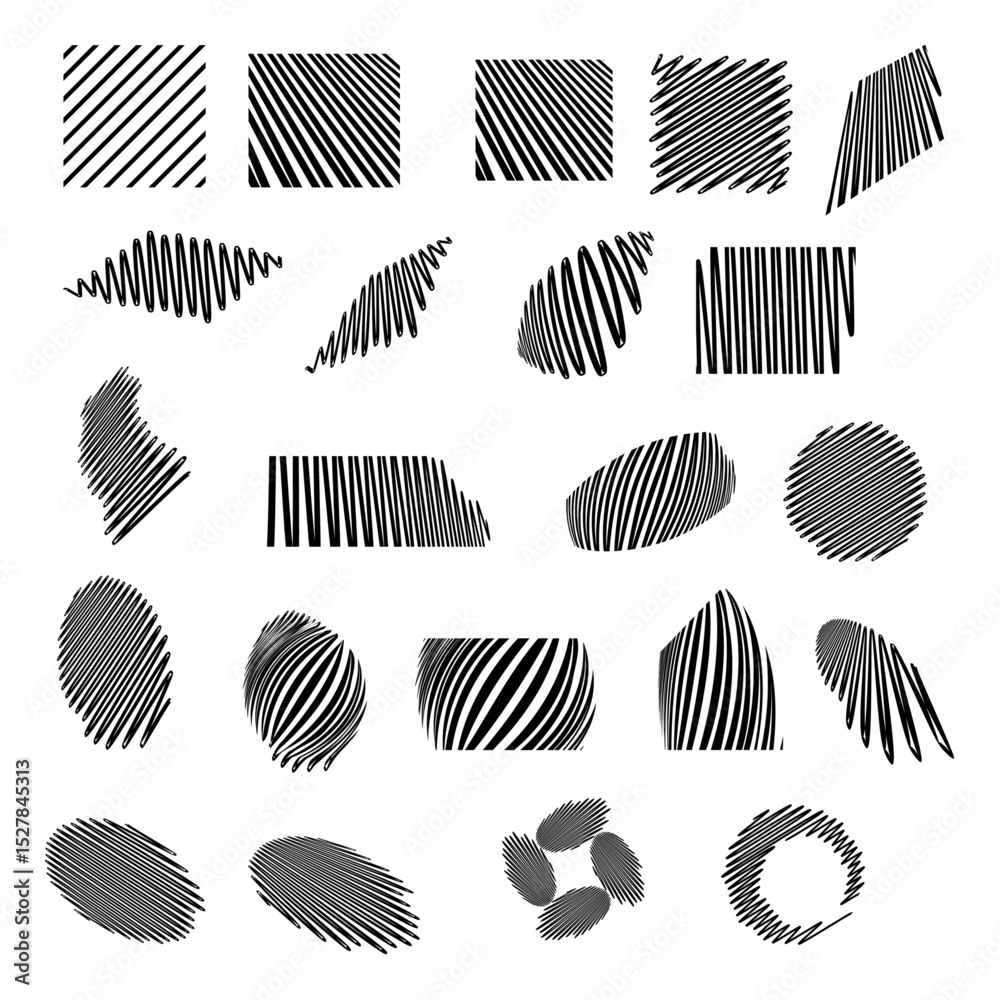 Poster collection of abstract shapes with black and white line patterns in various orientations and arrange