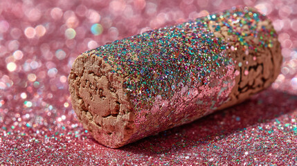 Close up of a wine cork covered in glitter on a pink glitter background with bokeh effect in the background.