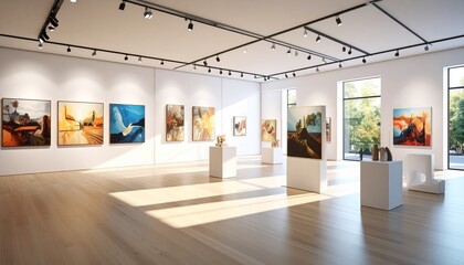 Three dimensional render of Canvas paintings and plastic models arranged in art gallery