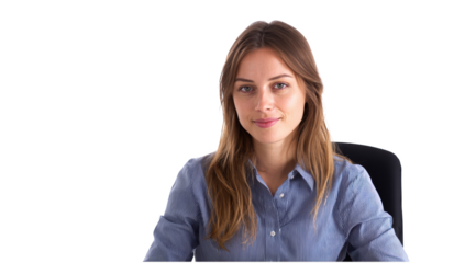 Smile woman transparent during work in office isolated png with no background.