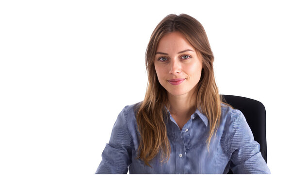 Smile woman transparent during work in office isolated png with no background.