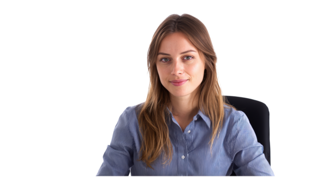 Smile woman transparent during work in office isolated png with no background.