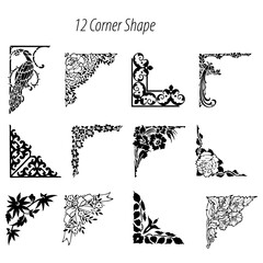 Collection of twelve decorative corner designs featuring floral, avian, and geometric elements elegantly arranged